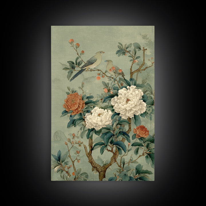 Fan Shaped Composition of Blossoms and Birds Framed Canvas Print, Asian Inspired Art, Wall Art, Living Room Decor, Harmony, ASI-2x3-25