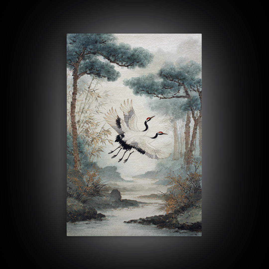 Red Crowned Cranes Flying Through Misty Pine Canvas Print, Asian Inspired Art, Printable Art, Living Room Decor, Harmony, ASI-2x3-33