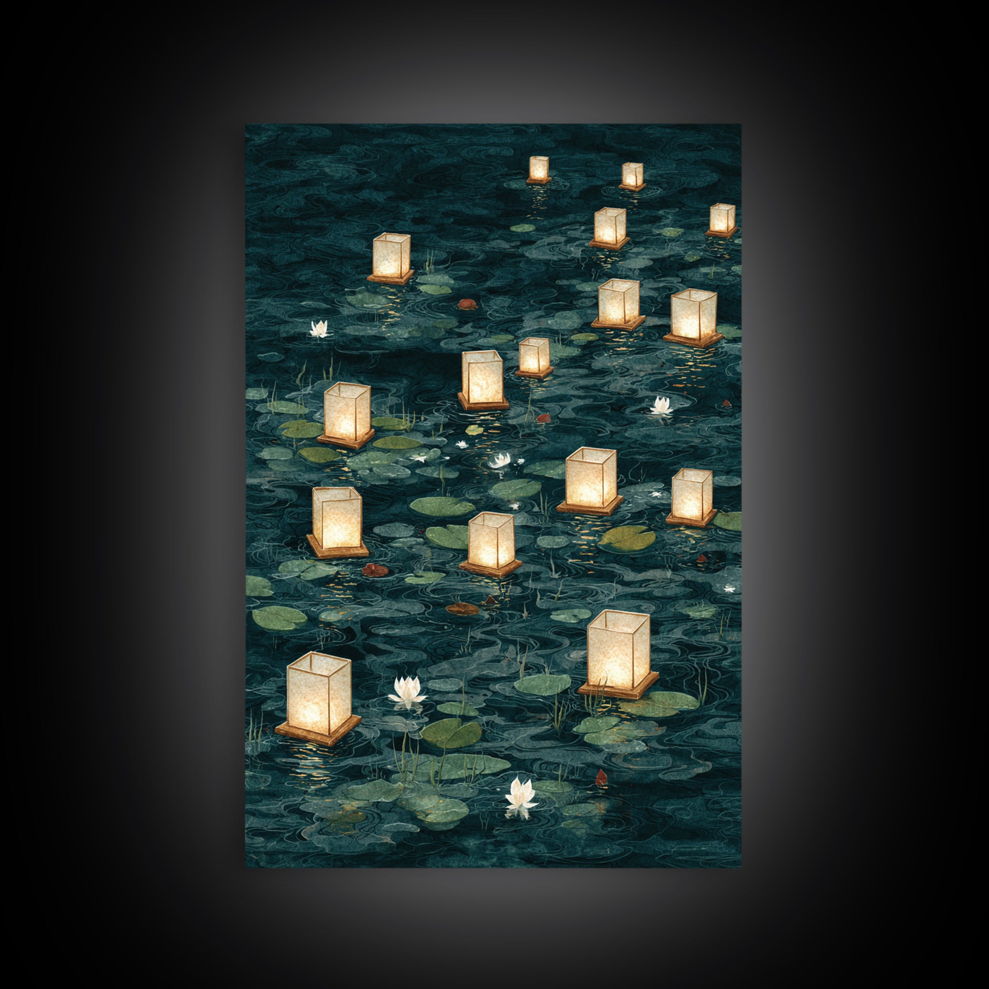 Floating Lanterns over Dark Water with Gentle Canvas Print, Asian Inspired Art, Room Decor, Living Room Decor, Harmony, ASI-2x3-51