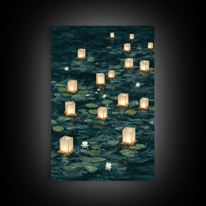Floating Lanterns over Dark Water with Gentle Canvas Print, Asian Inspired Art, Room Decor, Living Room Decor, Harmony, ASI-2x3-51