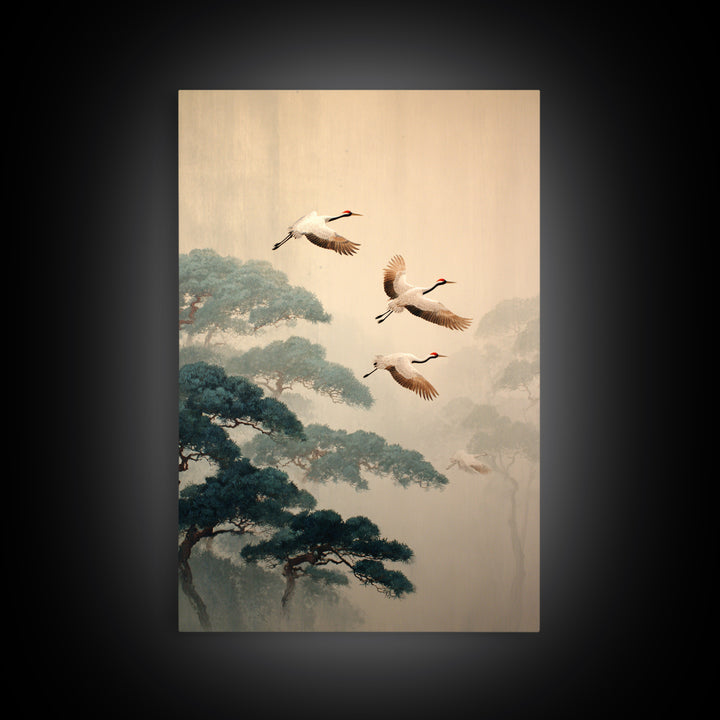 Red Crowned Cranes Flying Through Misty Pine Canvas Print, Asian Inspired Art, Bedroom Wall Decor, Living Room Decor, Harmony, ASI-2x3-57
