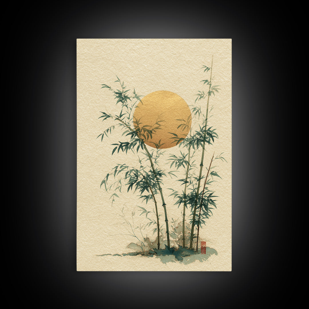 Golden Moon Behind Bamboo Silhouettes Canvas Print, Asian Inspired Art, Living Room Decor, Fine Art, Harmony, Floral Art, ASI-2x3-61