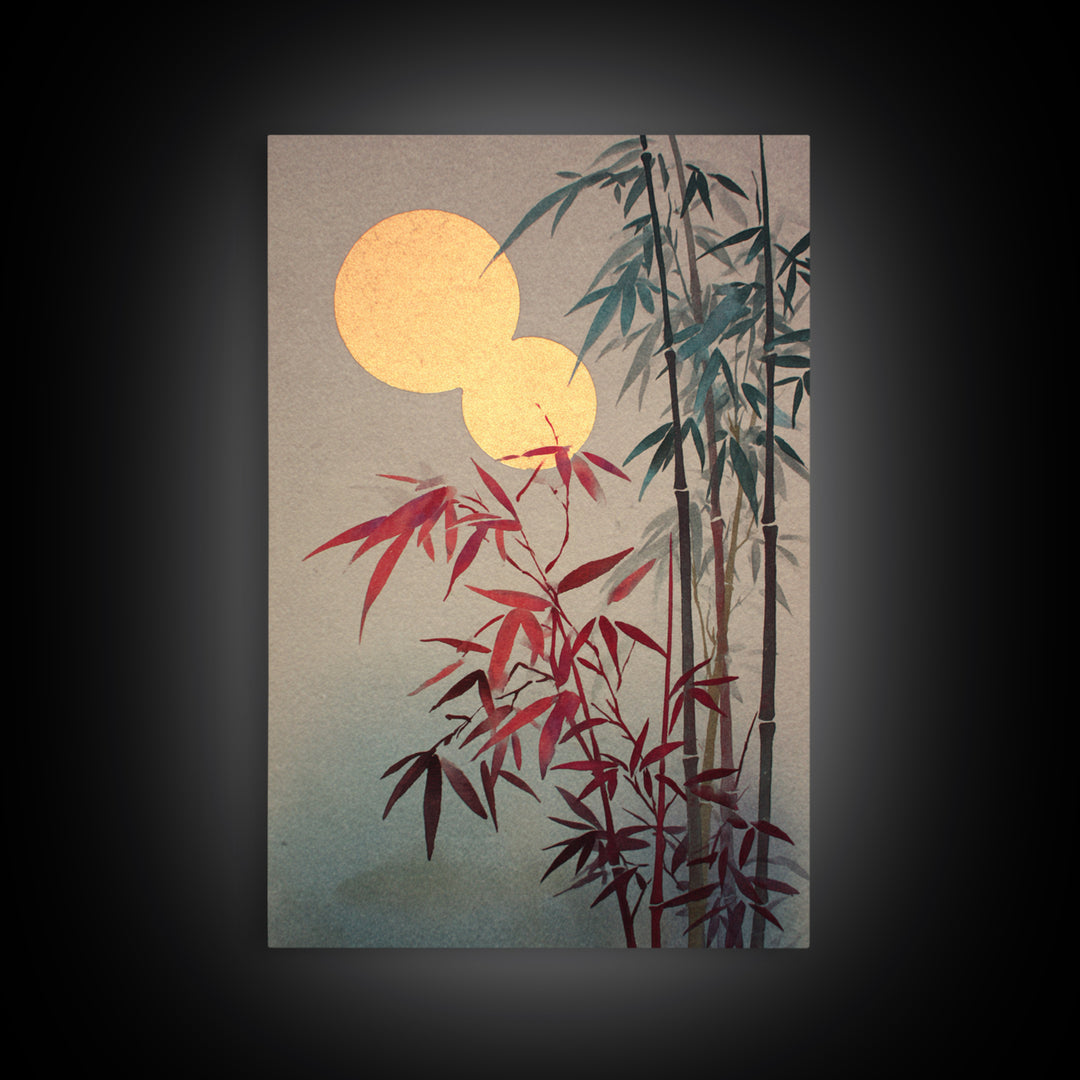 Golden Moon Behind Bamboo Silhouettes Framed Canvas Print, Asian Inspired Art, Japandi Wall Art, Living Room Decor, Harmony, ASI-2x3-85
