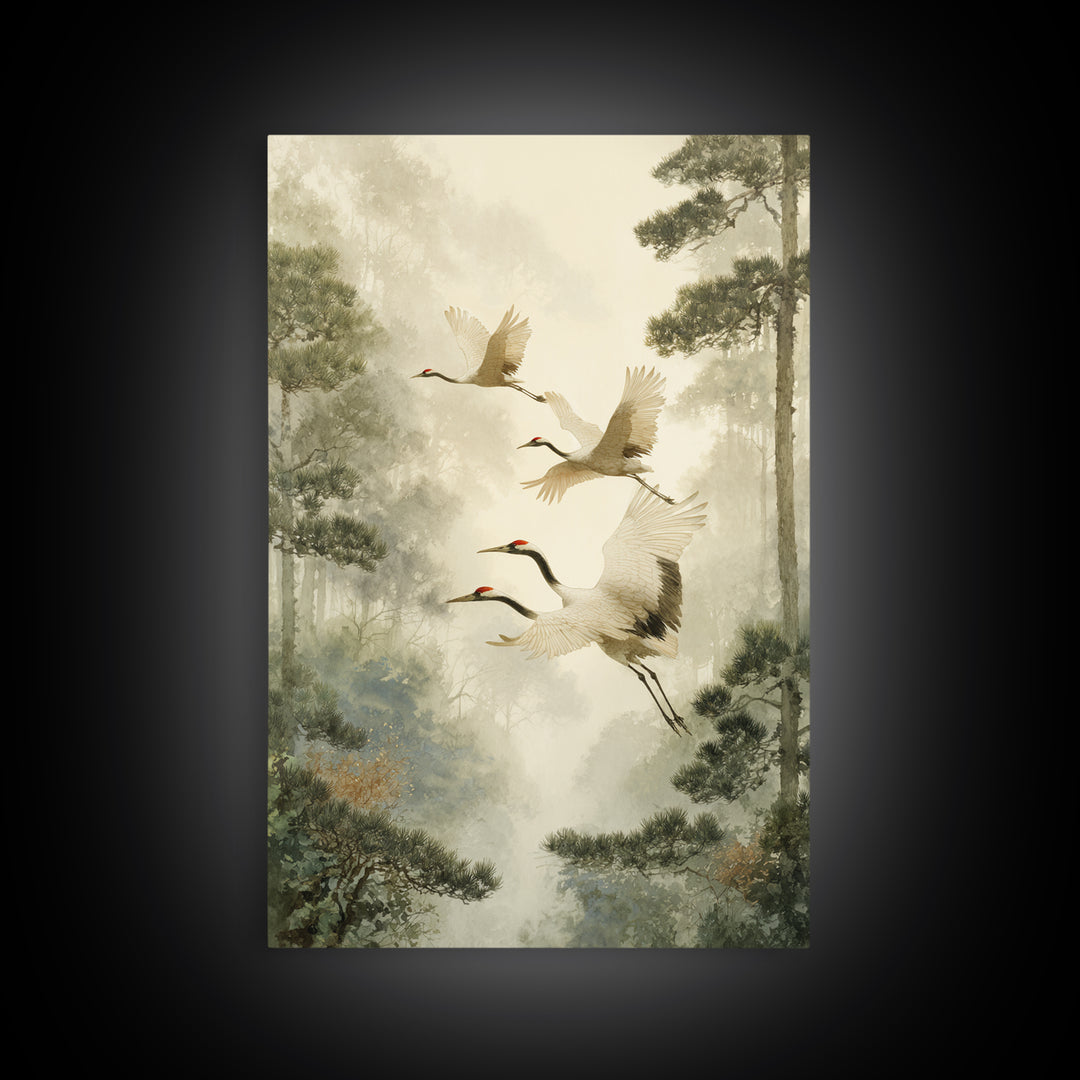 Red Crowned Cranes Flying Through Misty Pine Canvas Print, Asian Inspired Art, Poster, Living Room Decor, Fine Art, Harmony, ASI-2x3-9