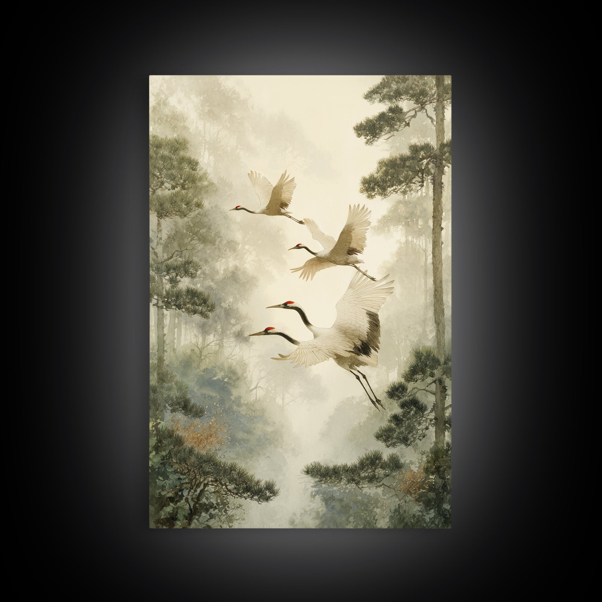 Red Crowned Cranes Flying Through Misty Pine Canvas Print, Asian Inspired Art, Poster, Living Room Decor, Fine Art, Harmony, ASI-2x3-9