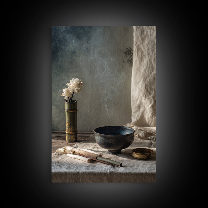 Tea Bowl and Steam Still Life on Canvas Print, Asian Inspired Art, Asian, Living Room Decor, Oil Painting, Harmony, ASI-2x3-95