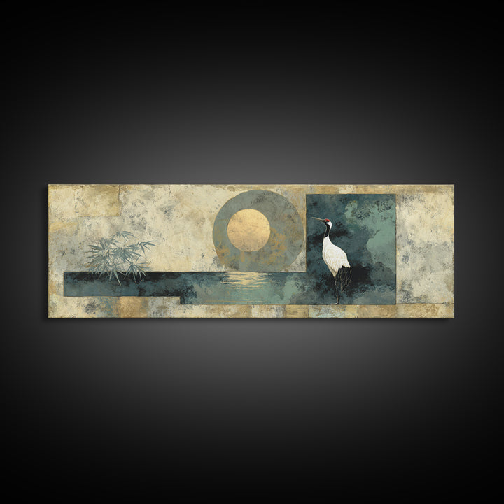 Crane and Moon Composition Canvas Print, Asian Inspired Art, Indian Art, Living Room Decor, Fine Art, Harmony, Neutral Decor, ASI-3x1-16