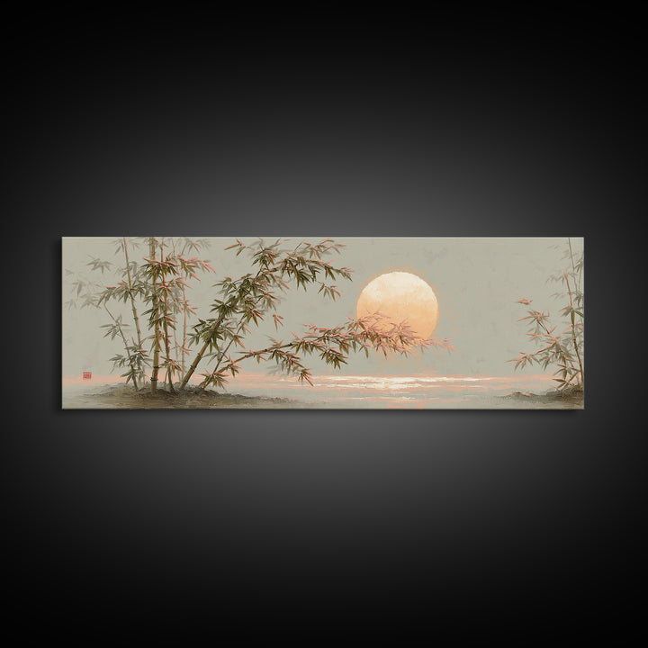 Golden Moon Behind Bamboo Silhouettes Canvas Print, Asian Inspired Art, Dark Academia Art, Living Room Decor, Fine Art, Harmony, ASI-3x1-21