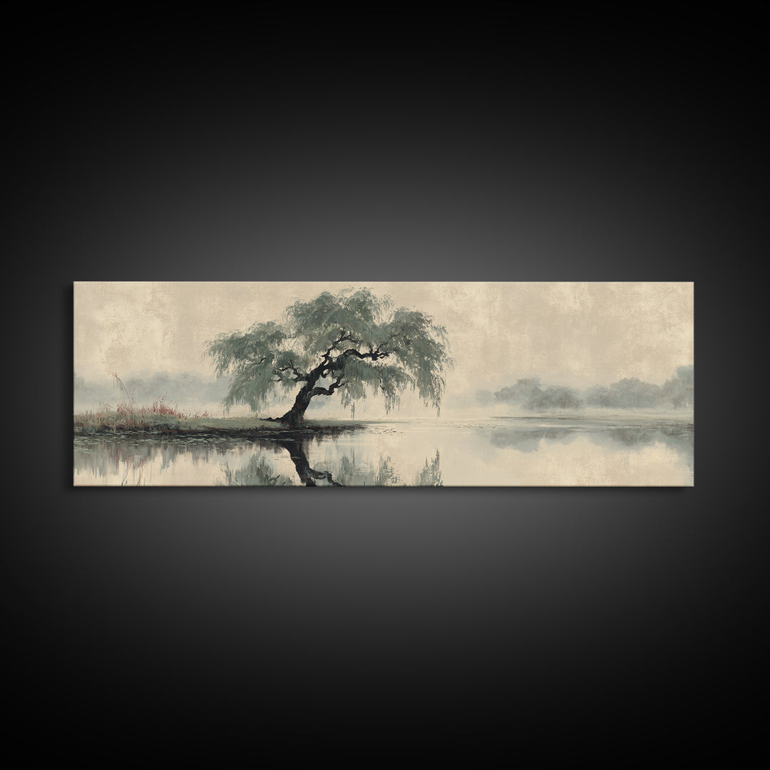 Willow Tree over a Reflective Pond Canvas Print, Asian Inspired Art, Art Nouveau, Living Room Decor, Abstract Art, Harmony, ASI-3x1-34