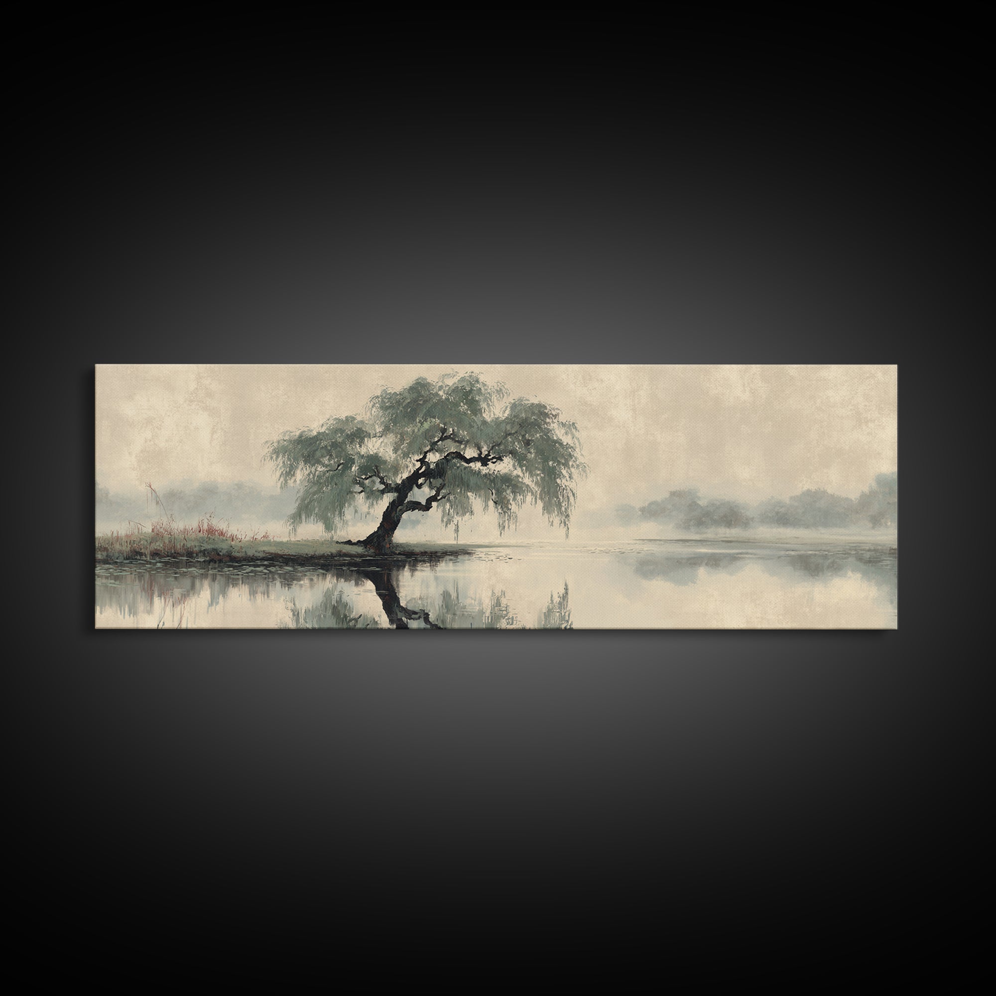 Willow Tree over a Reflective Pond Canvas Print, Asian Inspired Art, Art Nouveau, Living Room Decor, Abstract Art, Harmony, ASI-3x1-34