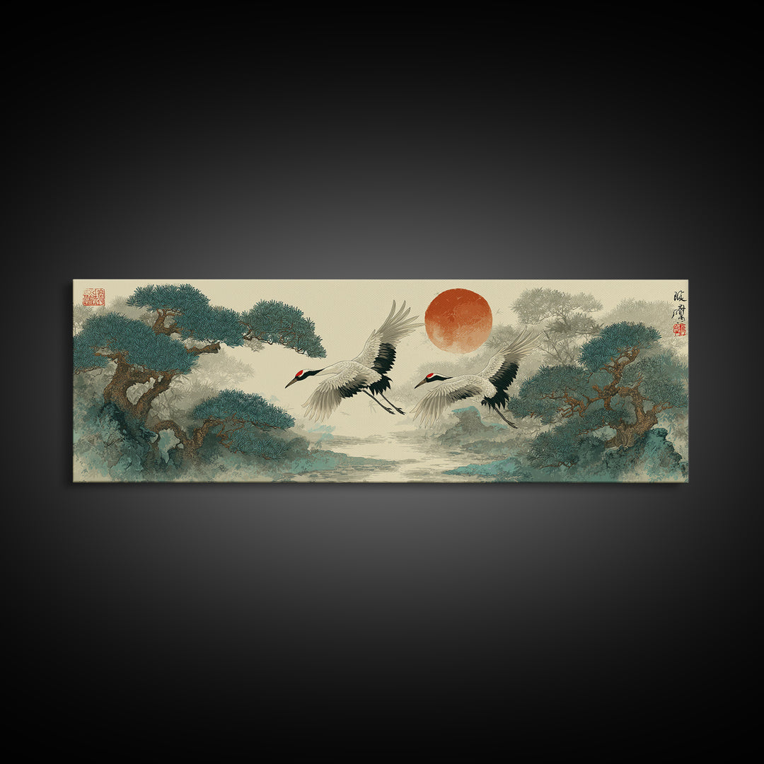 Red Crowned Cranes Flying Through Misty Pine Canvas Print, Asian Inspired Art, Aesthetic Wall Art, Living Room Decor, Harmony, ASI-3x1-41