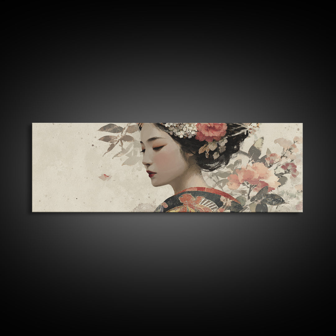 Elegant Geisha Portrait Canvas Print, Asian Inspired Art, Farmhouse Wall Art, Living Room Decor, Harmony, Spiritual Wall Art, ASI-3x1-46