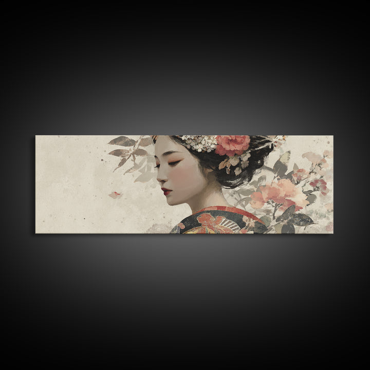 Elegant Geisha Portrait Canvas Print, Asian Inspired Art, Farmhouse Wall Art, Living Room Decor, Harmony, Spiritual Wall Art, ASI-3x1-46