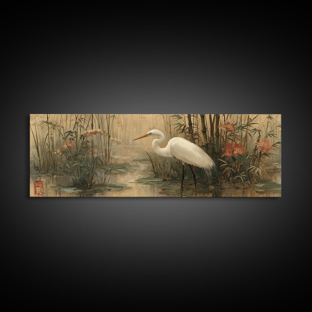White Heron Standing Canvas Print, Asian Inspired Art, Indian Art, Living Room Decor, Abstract Art, Harmony, Neutral Decor, ASI-3x1-49
