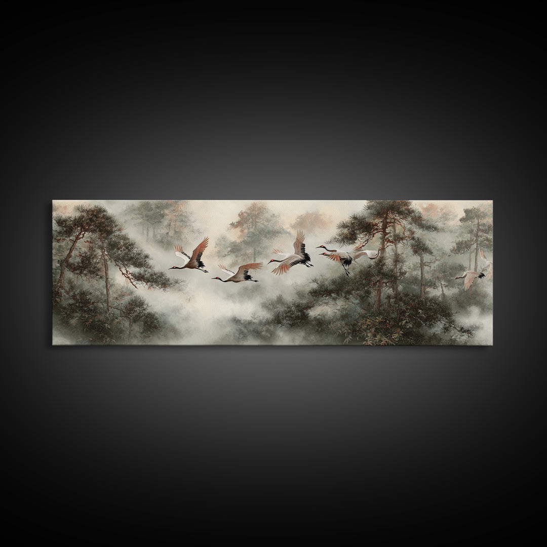 Red Crowned Cranes Flying Through Misty Pine Canvas Print, Asian Inspired Art, Aesthetic Wall Art, Living Room Decor, Harmony, ASI-3x1-65