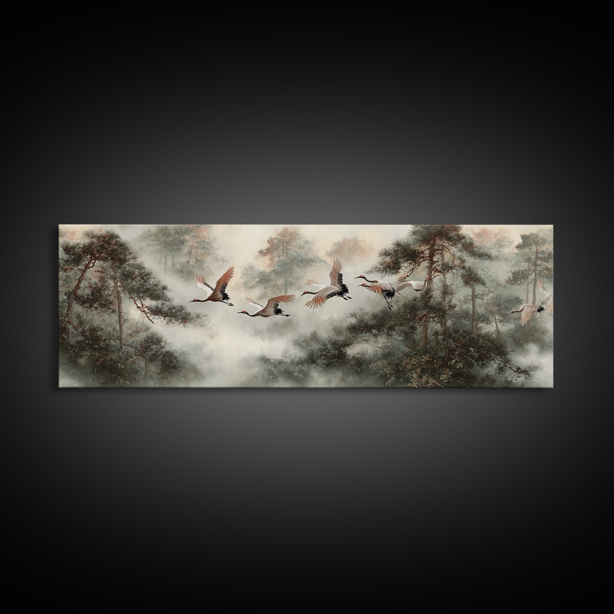 Red Crowned Cranes Flying Through Misty Pine Canvas Print, Asian Inspired Art, Aesthetic Wall Art, Living Room Decor, Harmony, ASI-3x1-65