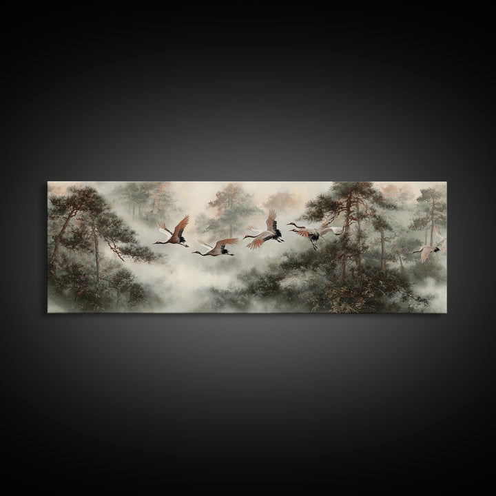 Red Crowned Cranes Flying Through Misty Pine Canvas Print, Asian Inspired Art, Aesthetic Wall Art, Living Room Decor, Harmony, ASI-3x1-65