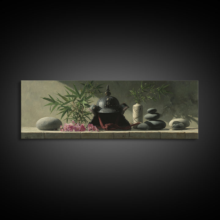 Samurai Helmet Still Life Canvas Print, Asian Inspired Art, Living Room Decor, Fine Art, Harmony, Floral Art, Botanical Print, ASI-3x1-71
