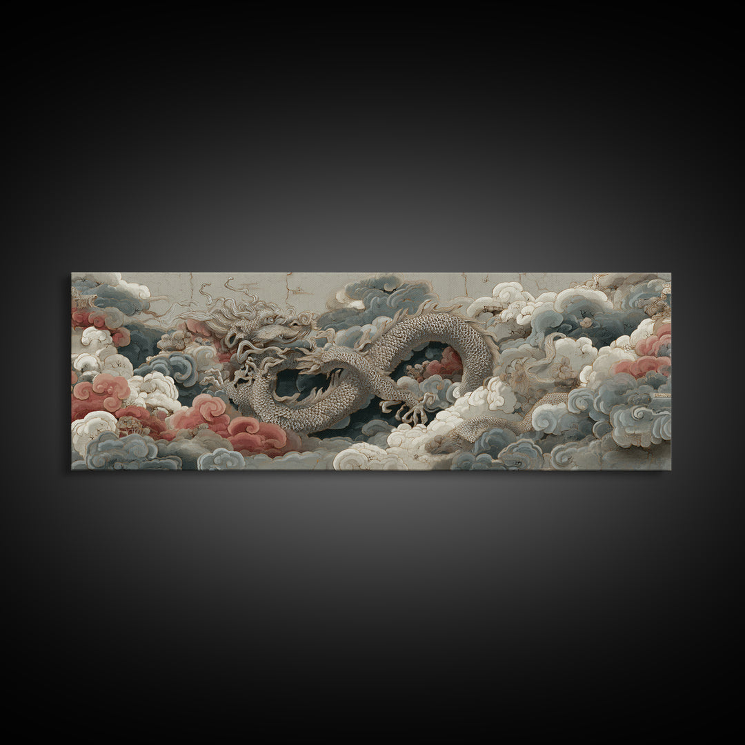 Dragon Curling Through Clouds Framed Canvas Print, Asian Inspired Art, Neutral Wall Art, Living Room Decor, Fine Art, Harmony, ASI-3x1-77