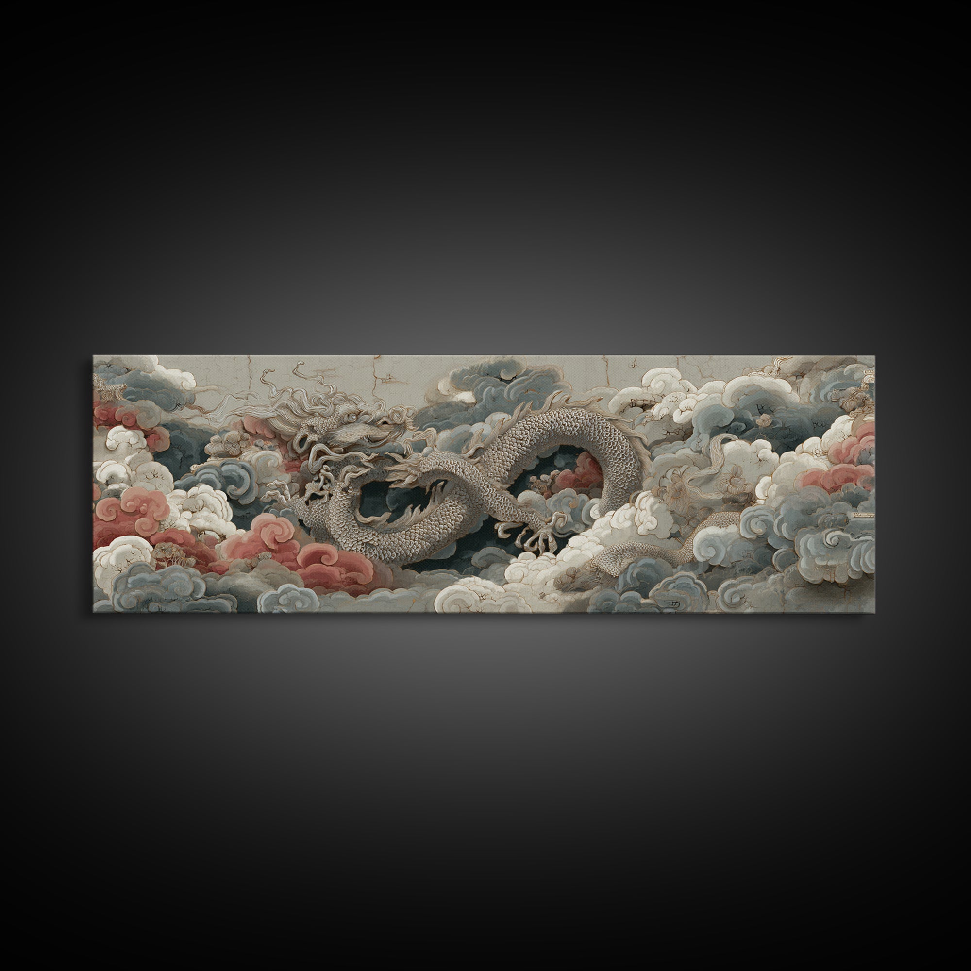 Dragon Curling Through Clouds Framed Canvas Print, Asian Inspired Art, Neutral Wall Art, Living Room Decor, Fine Art, Harmony, ASI-3x1-77