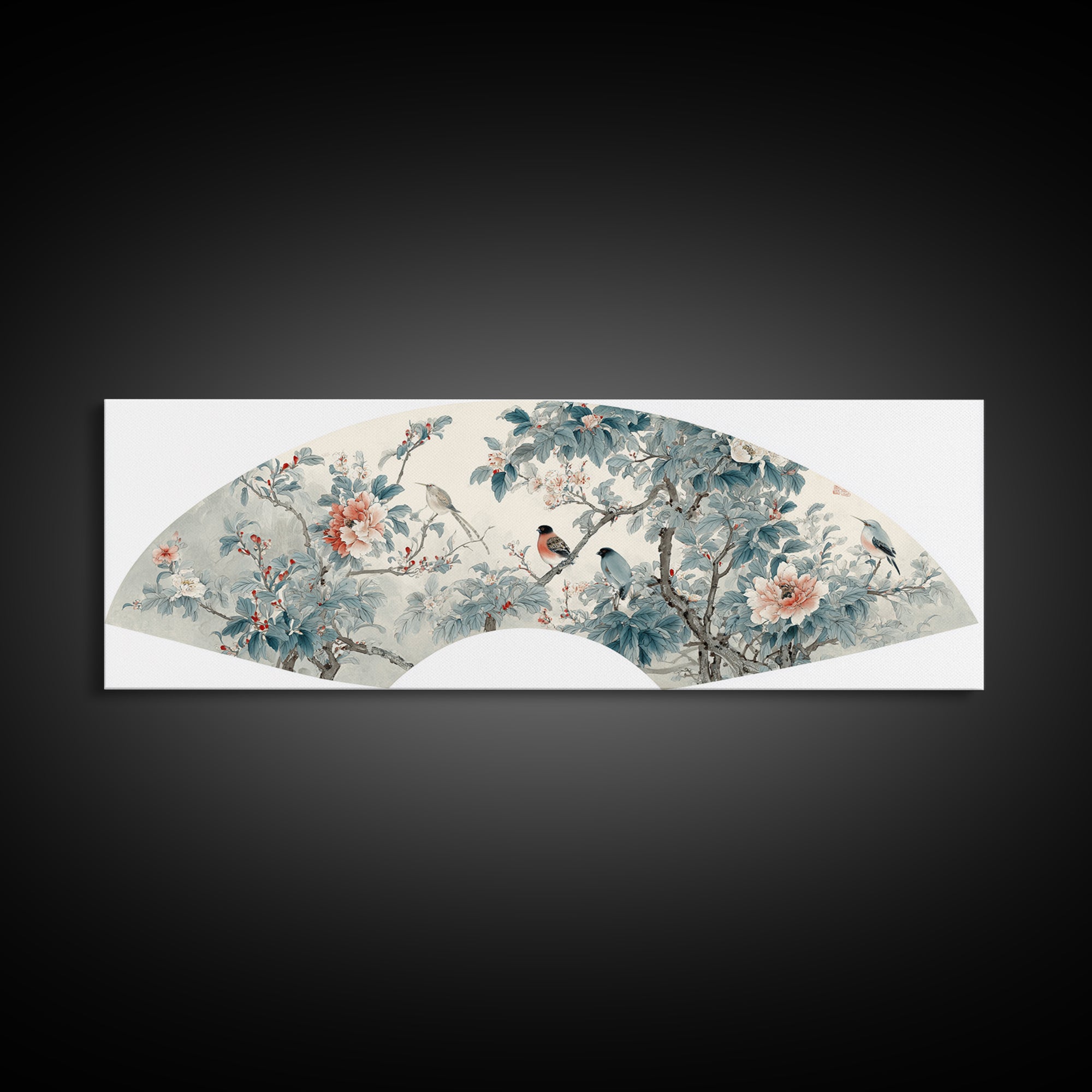 Fan Shaped Composition of Blossoms and Birds Canvas Print, Asian Inspired Art, Floral Art, Living Room Decor, Harmony, ASI-3x1-81