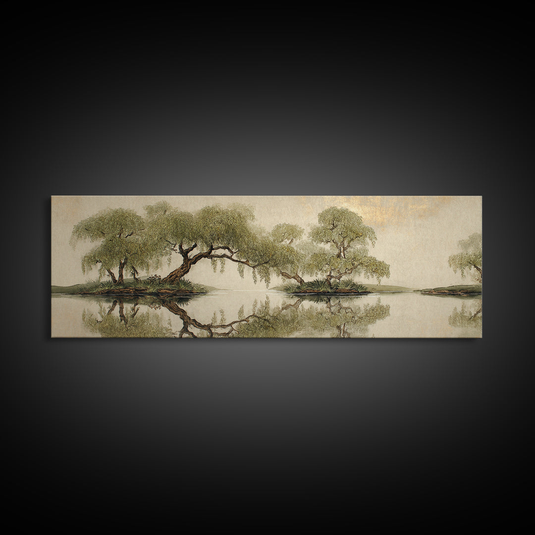 Willow Tree over a Reflective Pond Framed Canvas Print, Asian Inspired Art, Bird Art, Living Room Decor, Fine Art, Harmony, ASI-3x1-82
