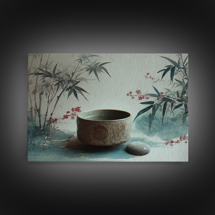 Tea Bowl and Steam Still Life on Framed Canvas Print, Asian Inspired Art, Aesthetic Wall Art, Living Room Decor, Harmony, ASI-3x2-19