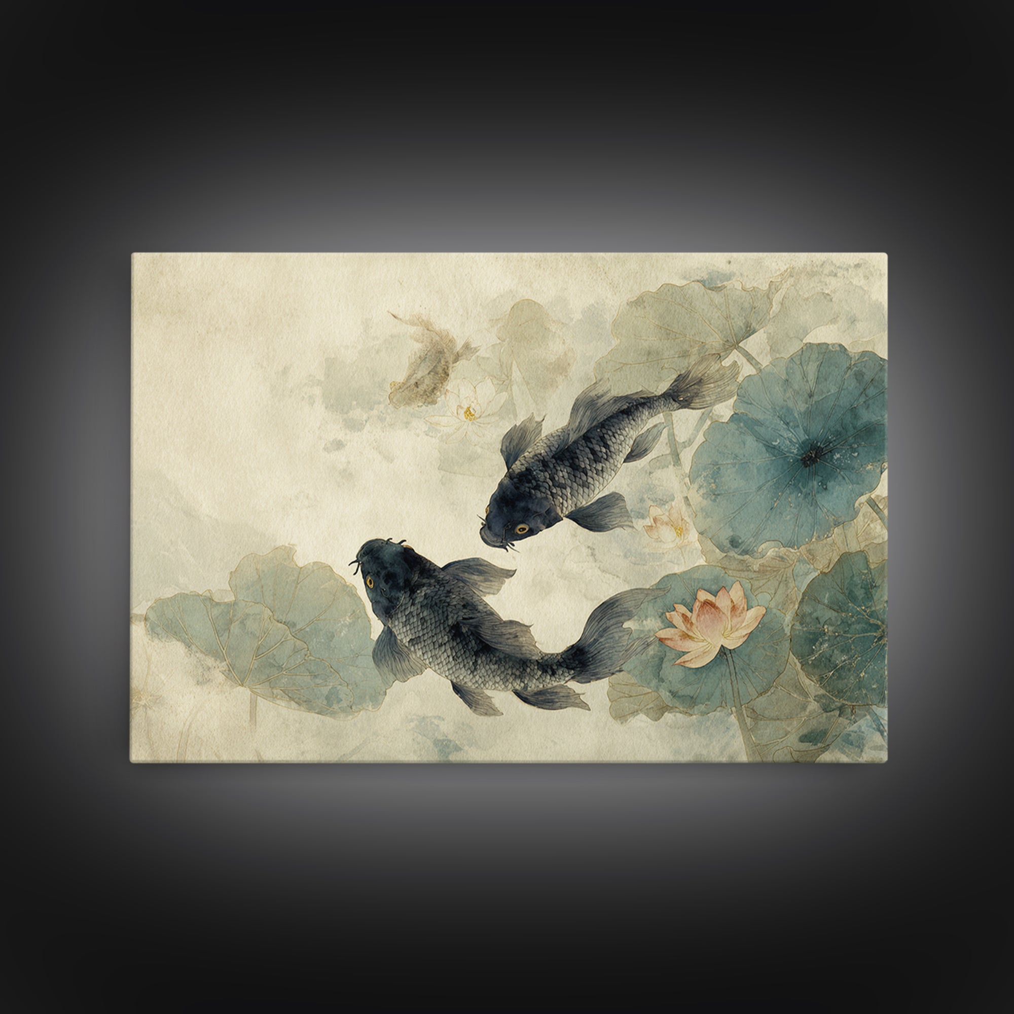 Koi Fish Circling Beneath Floating Lotus Blossoms Canvas Print, Asian Inspired Art, Digital Download Art, Living Room Decor, ASI-3x2-30