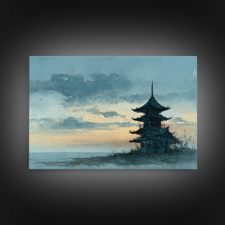 Pagoda Silhouette at Sunset Framed Canvas Print, Asian Inspired Art, Neutral Decor, Living Room Decor, Fine Art, Harmony, ASI-3x2-39