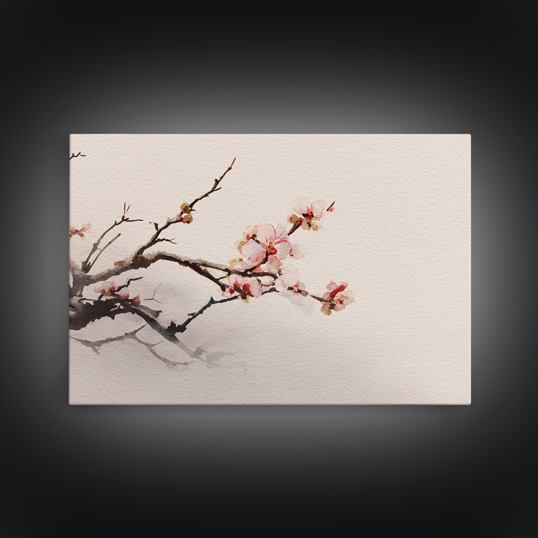 Plum Blossom Branch Painted Framed Canvas Print, Asian Inspired Art, Indian Art, Living Room Decor, Watercolor Art, Harmony, ASI-3x2-40