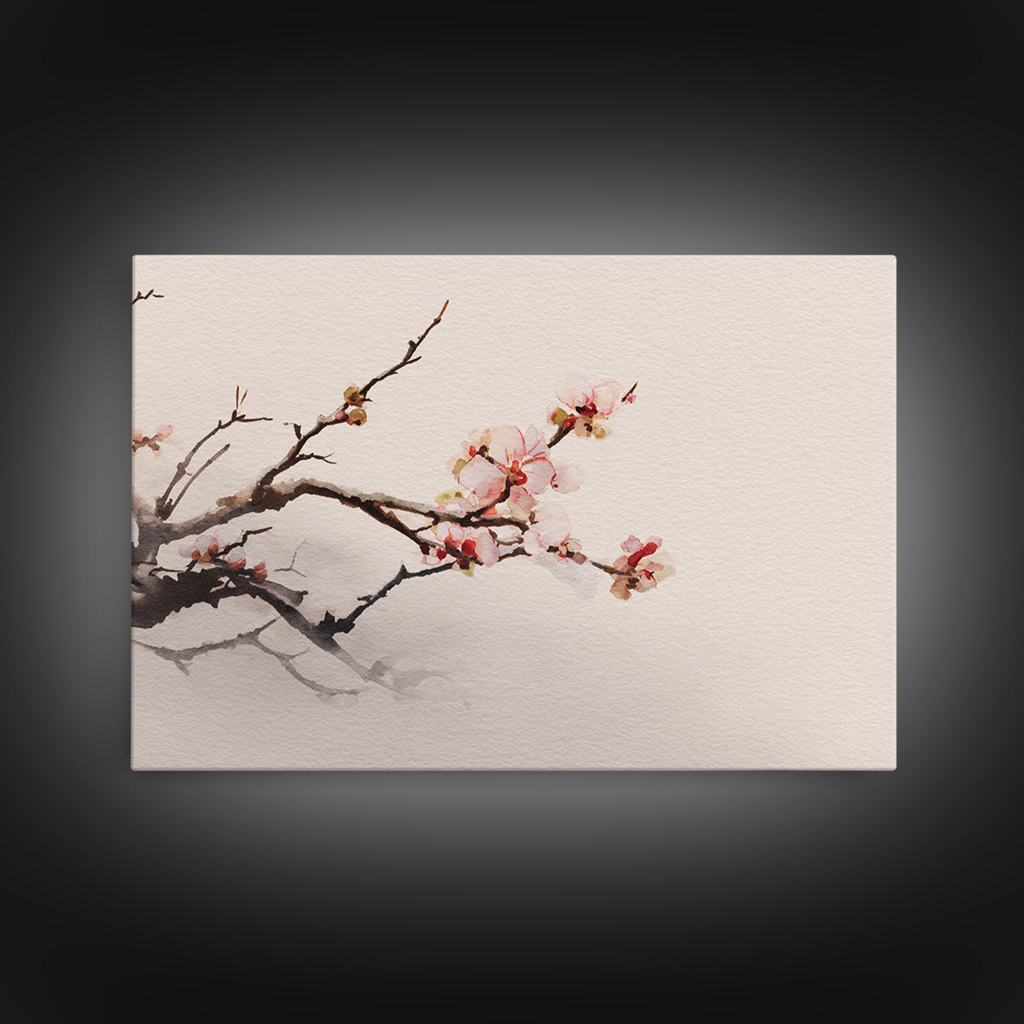 Plum Blossom Branch Painted Framed Canvas Print, Asian Inspired Art, Indian Art, Living Room Decor, Watercolor Art, Harmony, ASI-3x2-40