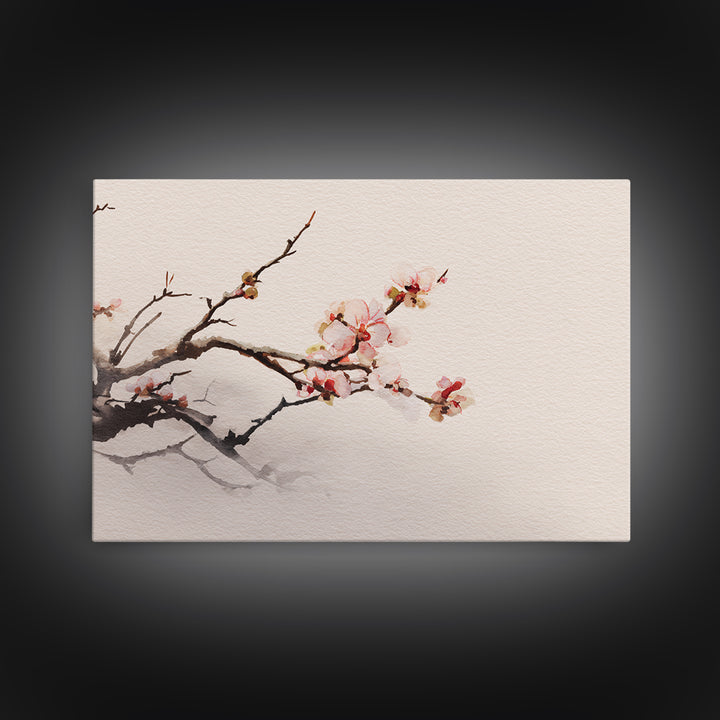 Plum Blossom Branch Painted Framed Canvas Print, Asian Inspired Art, Indian Art, Living Room Decor, Watercolor Art, Harmony, ASI-3x2-40