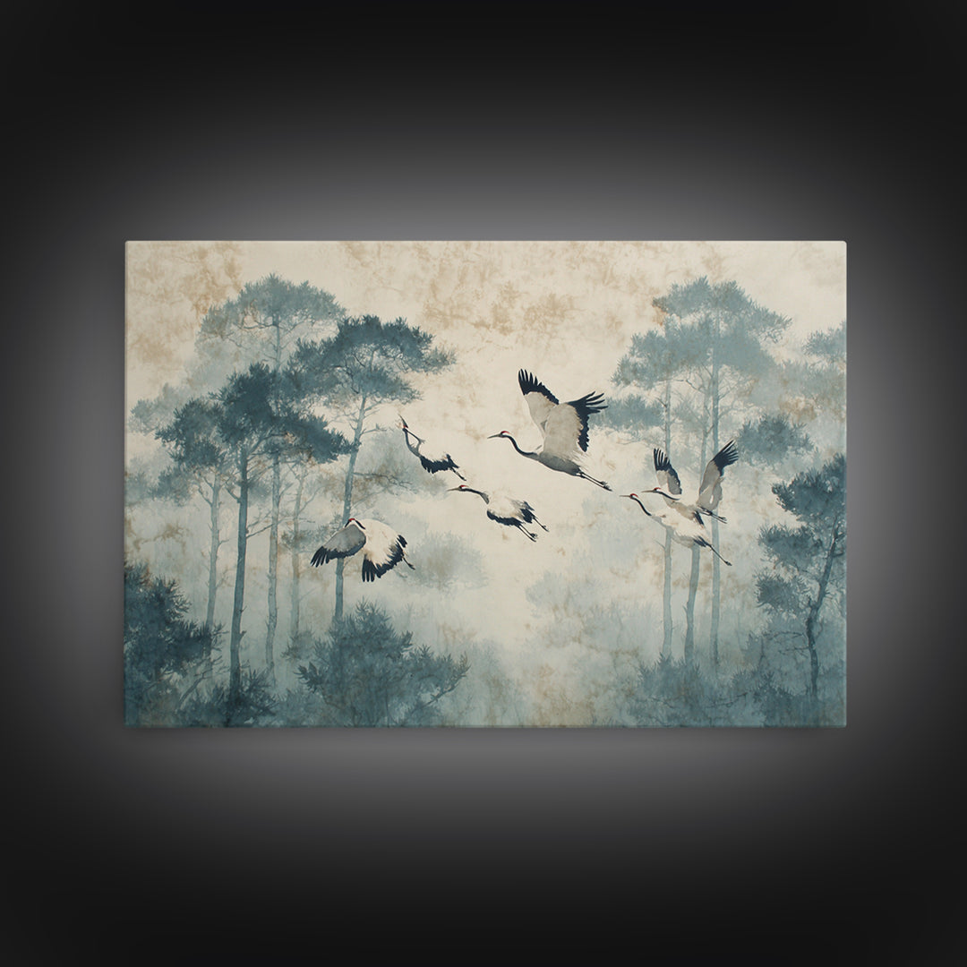 Red Crowned Cranes Flying Through Misty Pine Framed Canvas Print, Asian Inspired Art, Indian Art, Living Room Decor, Harmony, ASI-3x2-5