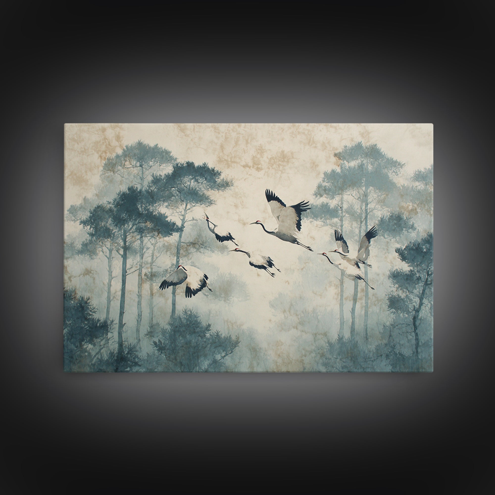 Red Crowned Cranes Flying Through Misty Pine Framed Canvas Print, Asian Inspired Art, Indian Art, Living Room Decor, Harmony, ASI-3x2-5