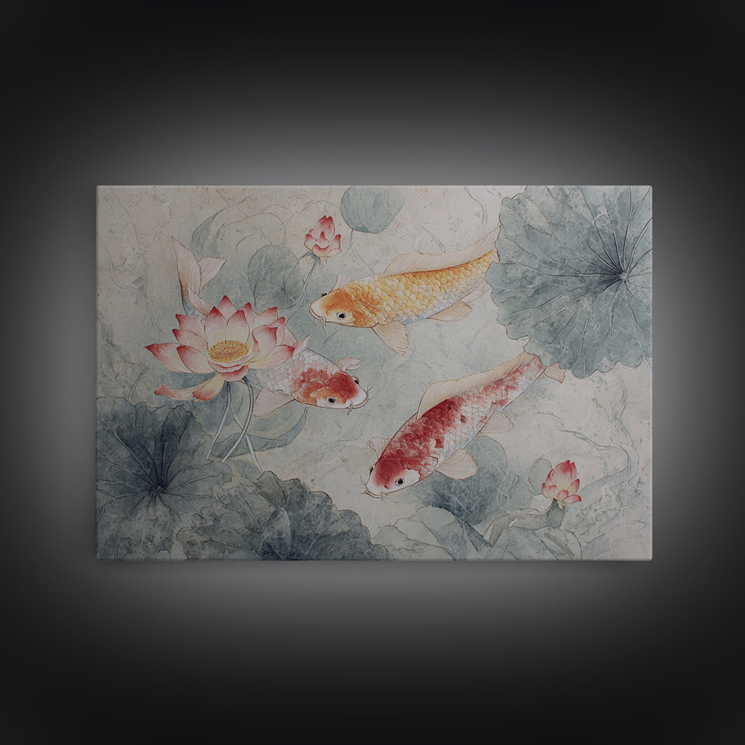 Koi Fish Circling Beneath Floating Lotus Blossoms Canvas Print, Asian Inspired Art, Digital Download Art, Living Room Decor, ASI-3x2-54