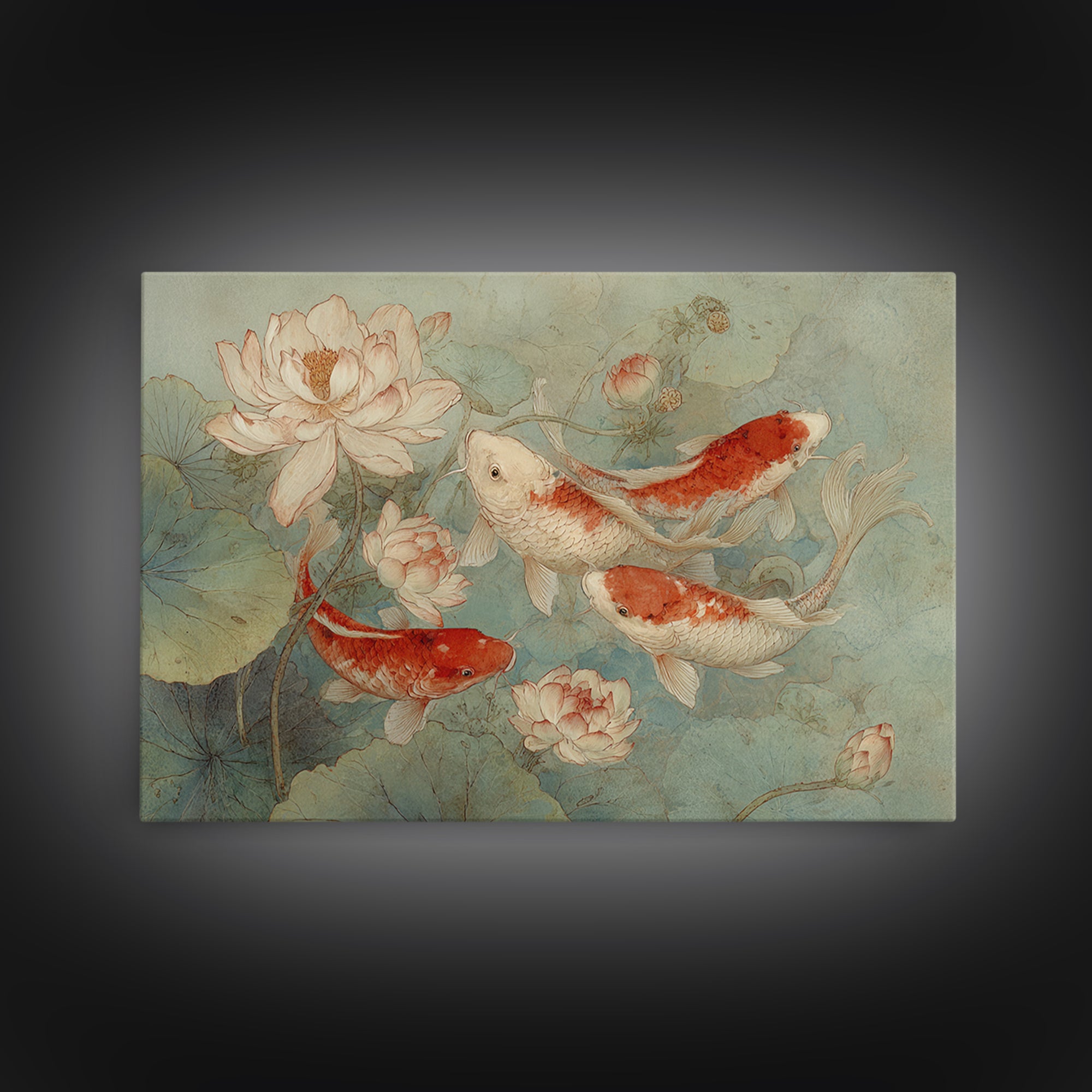 Koi Fish Circling Beneath Floating Lotus Blossoms Canvas Print, Asian Inspired Art, Botanical Print, Living Room Decor, Harmony, ASI-3x2-78