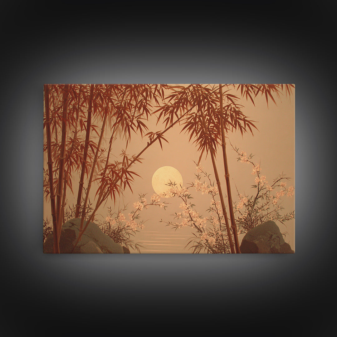 Golden Moon Behind Bamboo Silhouettes Framed Canvas Print, Asian Inspired Art, Zen Wall Art, Living Room Decor, Harmony, ASI-3x2-81