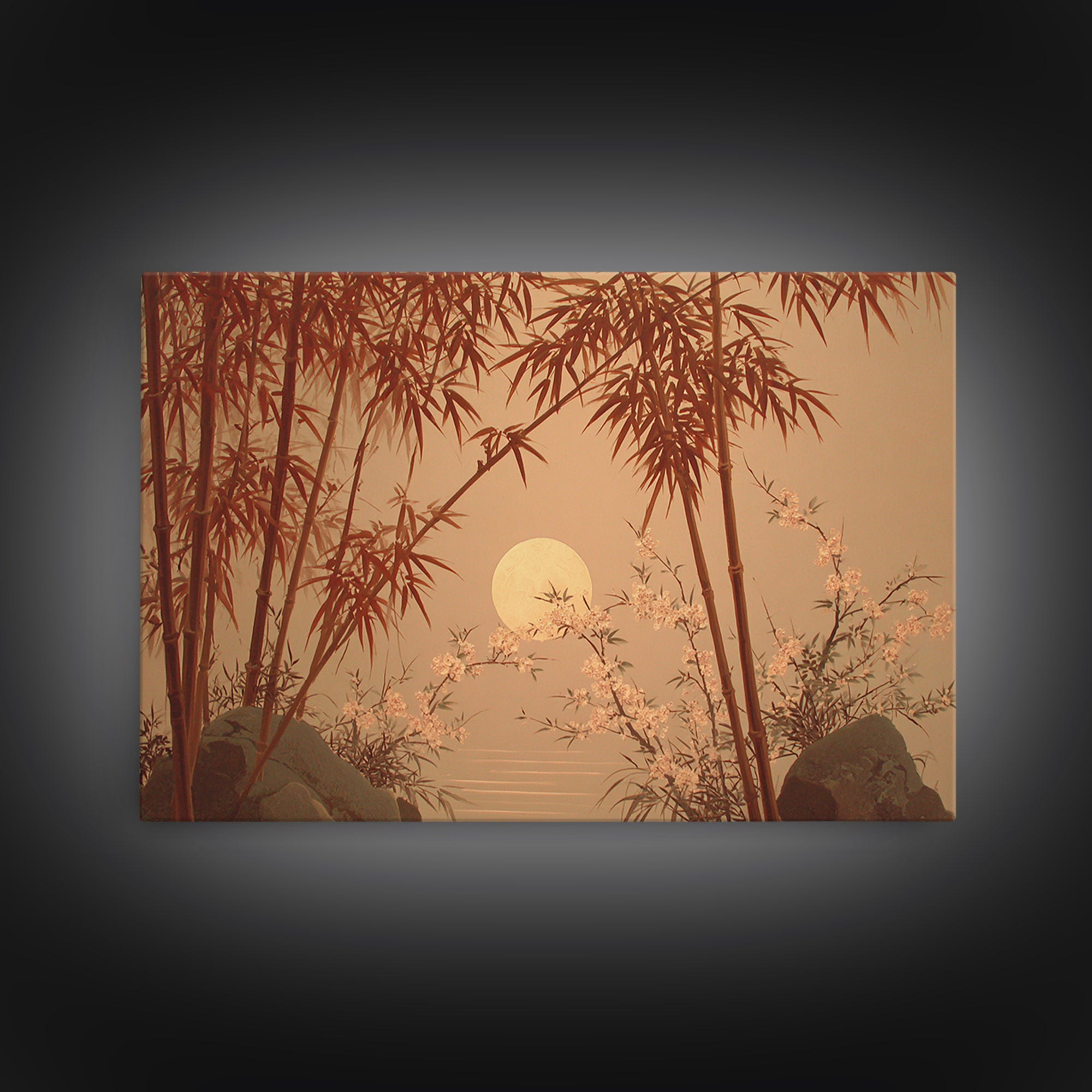 Golden Moon Behind Bamboo Silhouettes Framed Canvas Print, Asian Inspired Art, Zen Wall Art, Living Room Decor, Harmony, ASI-3x2-81