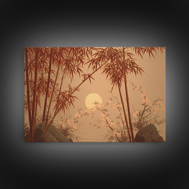Golden Moon Behind Bamboo Silhouettes Framed Canvas Print, Asian Inspired Art, Zen Wall Art, Living Room Decor, Harmony, ASI-3x2-81