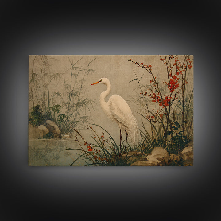 White Heron Standing Framed Canvas Print, Asian Inspired Art, Modern Wall Decor, Living Room Decor, Fine Art, Harmony, ASI-3x2-85