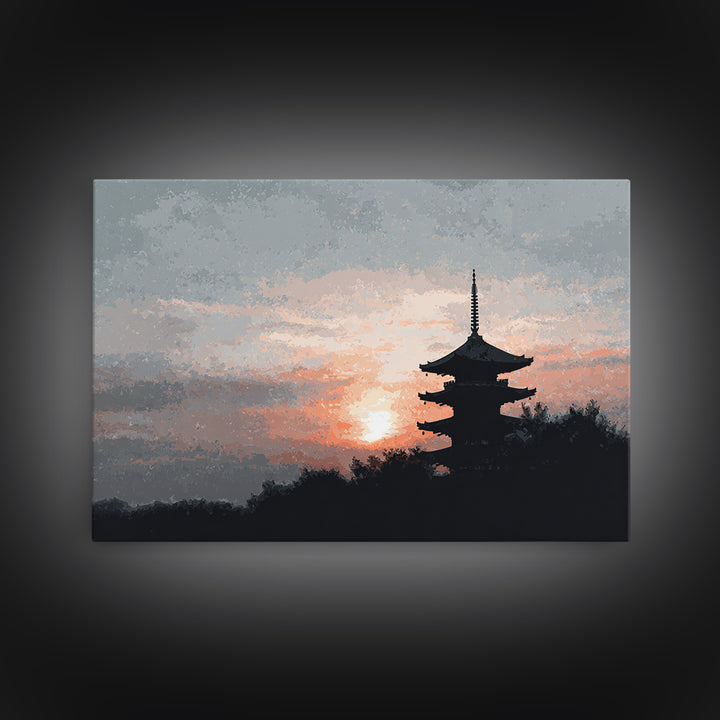 Pagoda Silhouette at Sunset Framed Canvas Print, Asian Inspired Art, Fine Art Print, Living Room Decor, Fine Art, Harmony, ASI-3x2-87