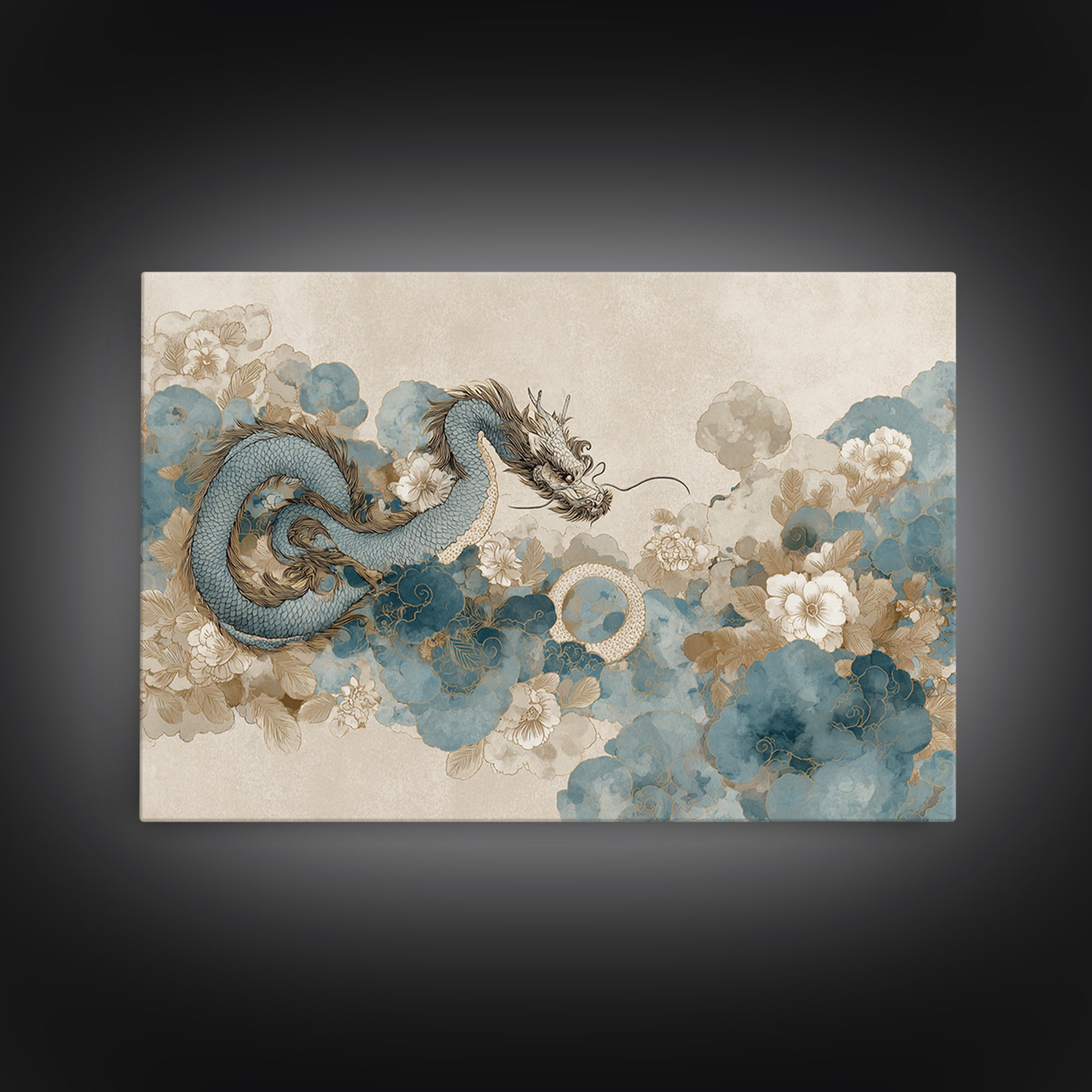 Dragon Curling Through Clouds Canvas Print, Asian Inspired Art, Spiritual Wall Art, Living Room Decor, Oil Painting, Harmony, ASI-3x2-89
