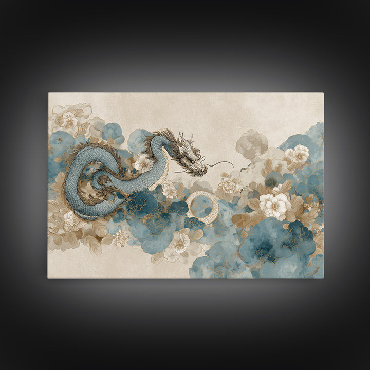 Dragon Curling Through Clouds Canvas Print, Asian Inspired Art, Spiritual Wall Art, Living Room Decor, Oil Painting, Harmony, ASI-3x2-89