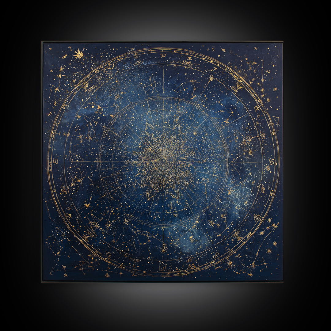 Gold Zodiac Wheel on Deep Midnight Blue Framed Canvas Print, Astrology Art, Neutral Decor, Living Room Decor, Fine Art, Zodiac, AST-1x1-1