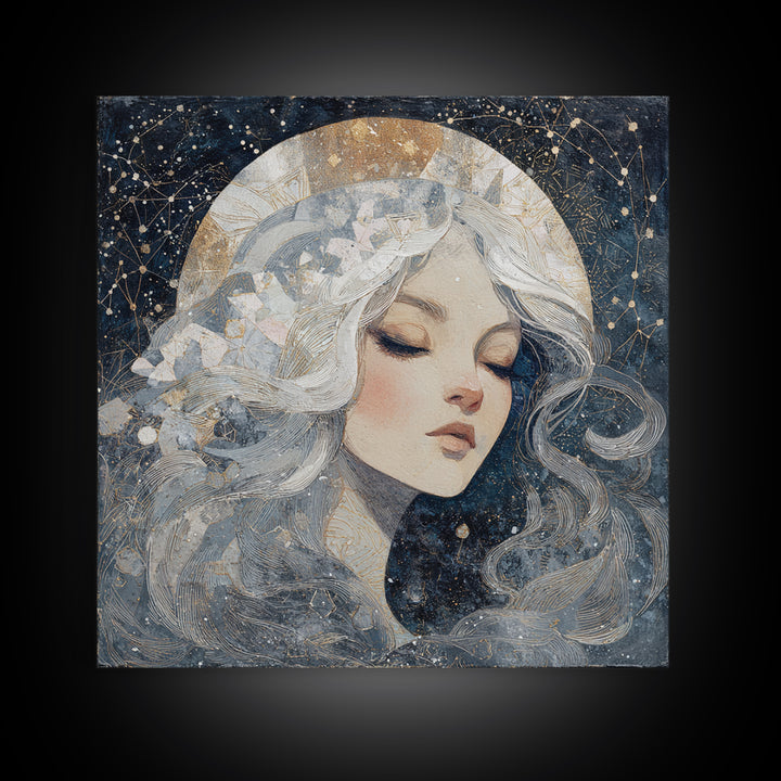 Moon Goddess with Flowing Hair and Constellations Canvas Print, Astrology Art, Celestial Wall Art, Living Room Decor, Zodiac, AST-1x1-27