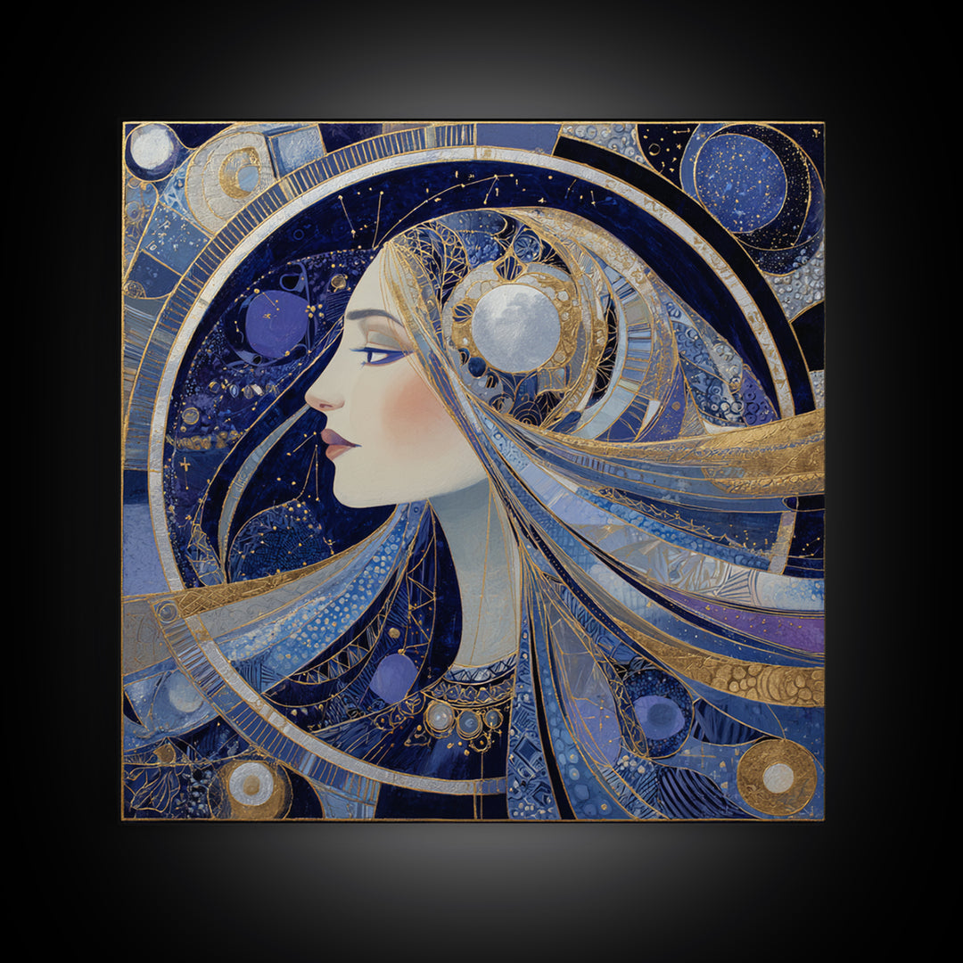 Moon Goddess with Flowing Hair and Constellations Canvas Print, Astrology Art, Boho Decor, Living Room Decor, Fine Art, Zodiac, AST-1x1-3