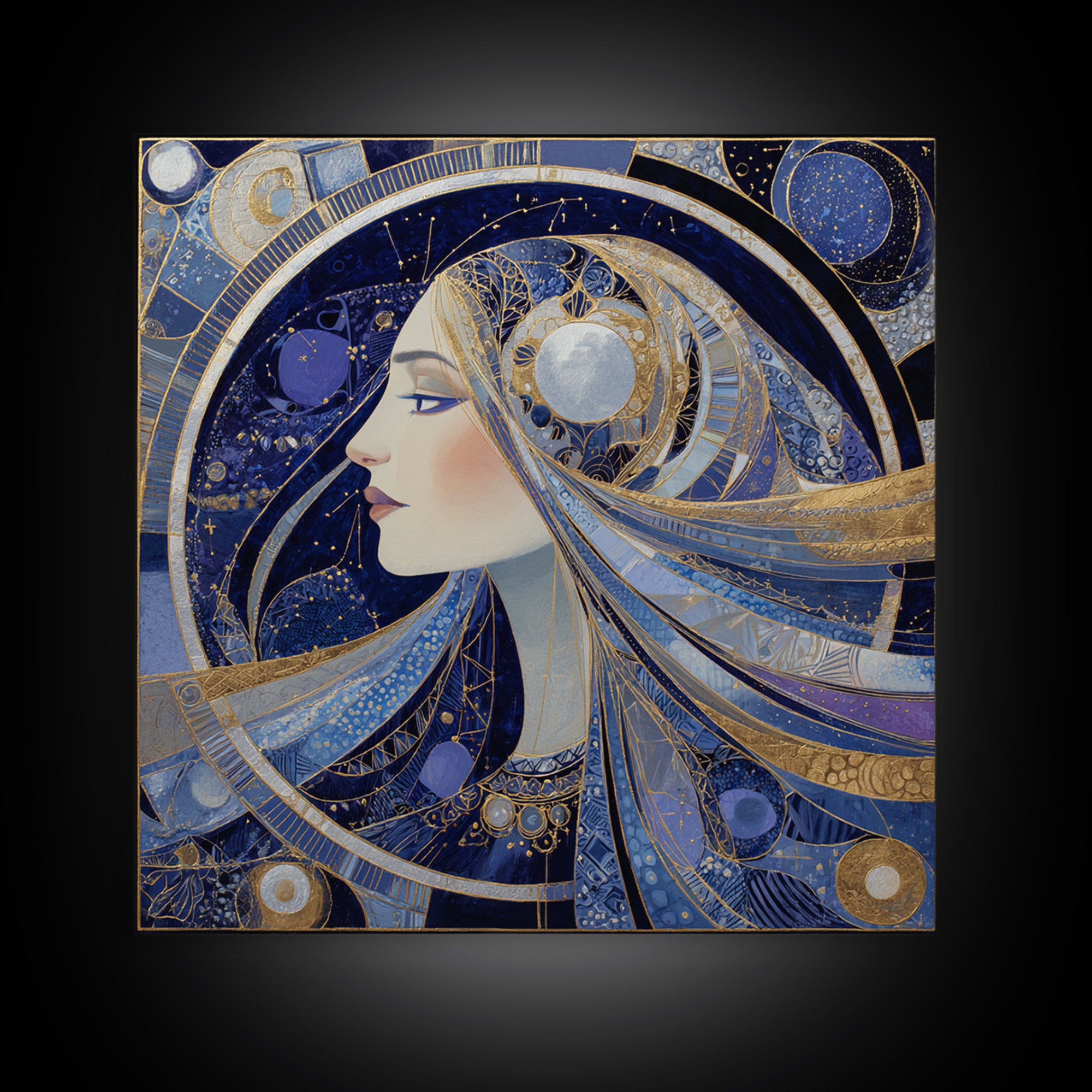Moon Goddess with Flowing Hair and Constellations Canvas Print, Astrology Art, Boho Decor, Living Room Decor, Fine Art, Zodiac, AST-1x1-3