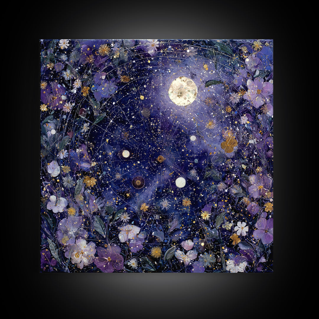 Dreamlike Night Garden Framed Canvas Print, Astrology Art, Astronomy Print, Living Room Decor, Oil Painting, Zodiac, AST-1x1-46