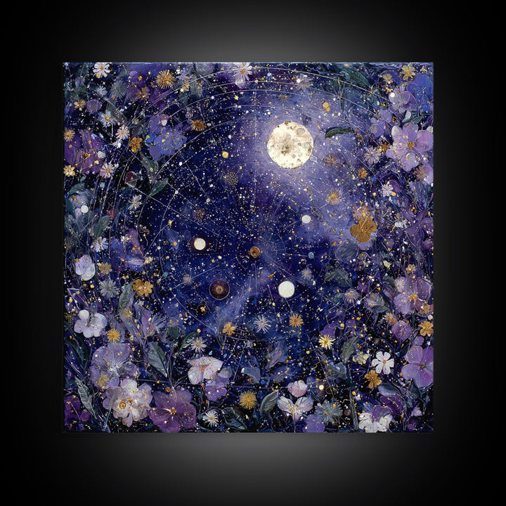 Dreamlike Night Garden Framed Canvas Print, Astrology Art, Astronomy Print, Living Room Decor, Oil Painting, Zodiac, AST-1x1-46