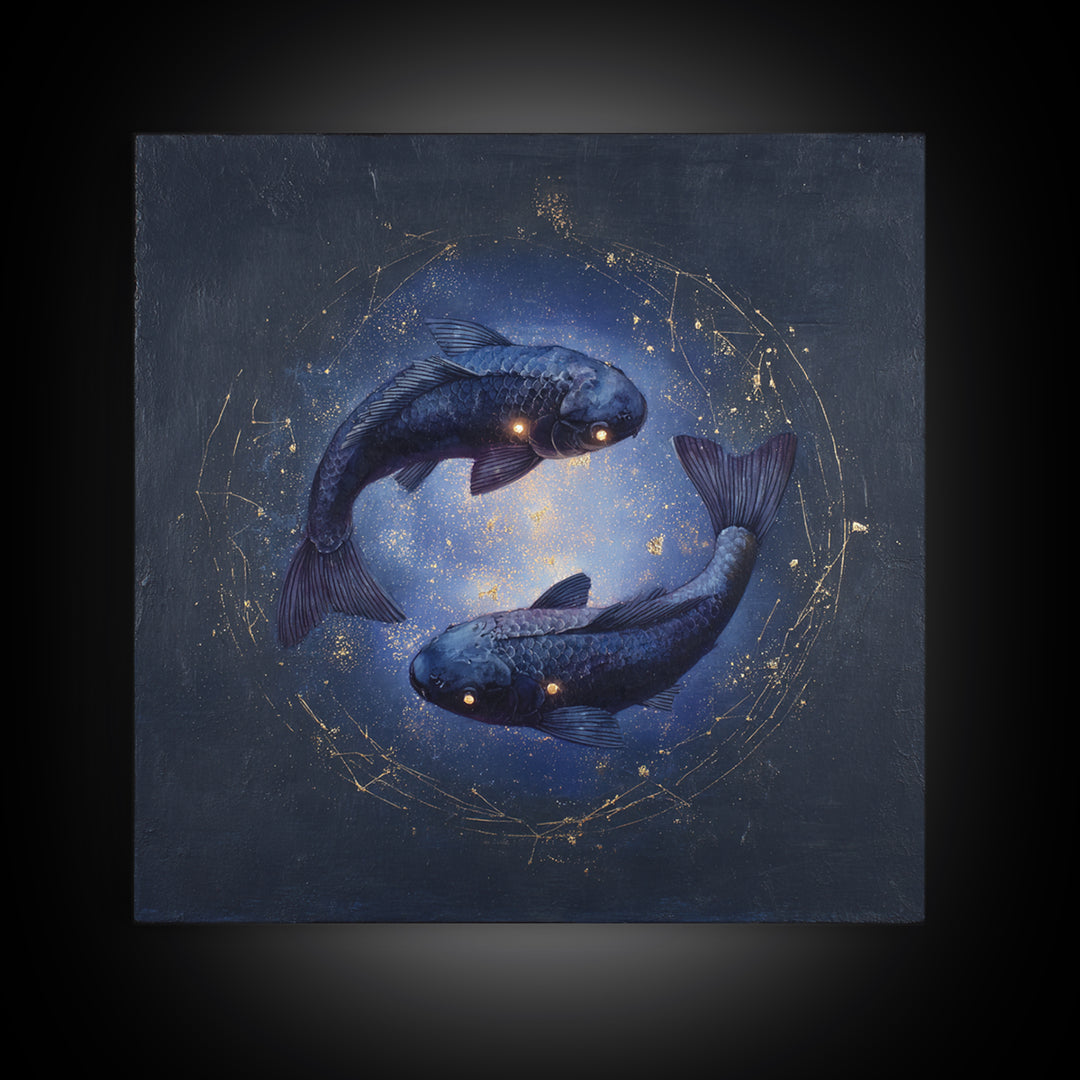 Cosmic Fish Pair Circling a Moonlit Pool Framed Canvas Print, Astrology Art, Dtf Print, Living Room Decor, Fine Art, Zodiac, AST-1x1-47